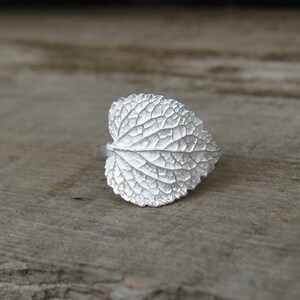 May include: A silver ring shaped like a leaf with a detailed, textured surface.