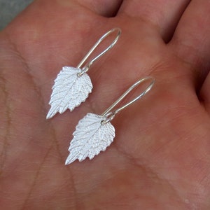 May include: A pair of silver earrings shaped like leaves. The leaves have a textured surface and are hanging from silver hooks.