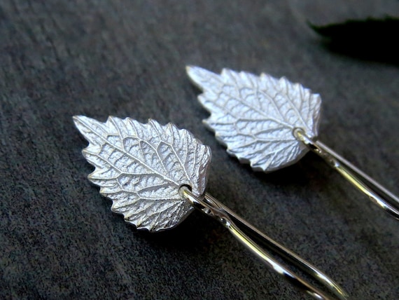 Fine Silver Nettle Leaf Earrings - Real Wild Botanical Dangle Earrings