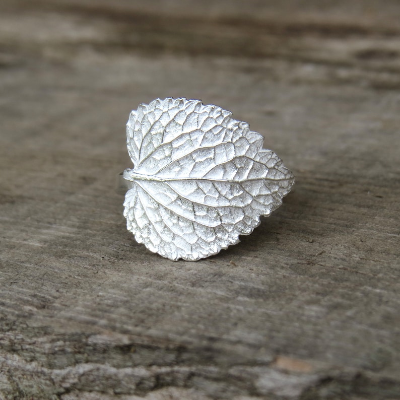 May include: A silver ring shaped like a leaf with detailed veins.