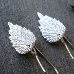 May include: A pair of silver earrings shaped like leaves with detailed veining. The earrings are dangle style with a simple wire loop.