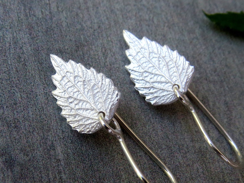 May include: A pair of silver earrings shaped like leaves with detailed veining. The earrings are dangle style with a simple wire loop.