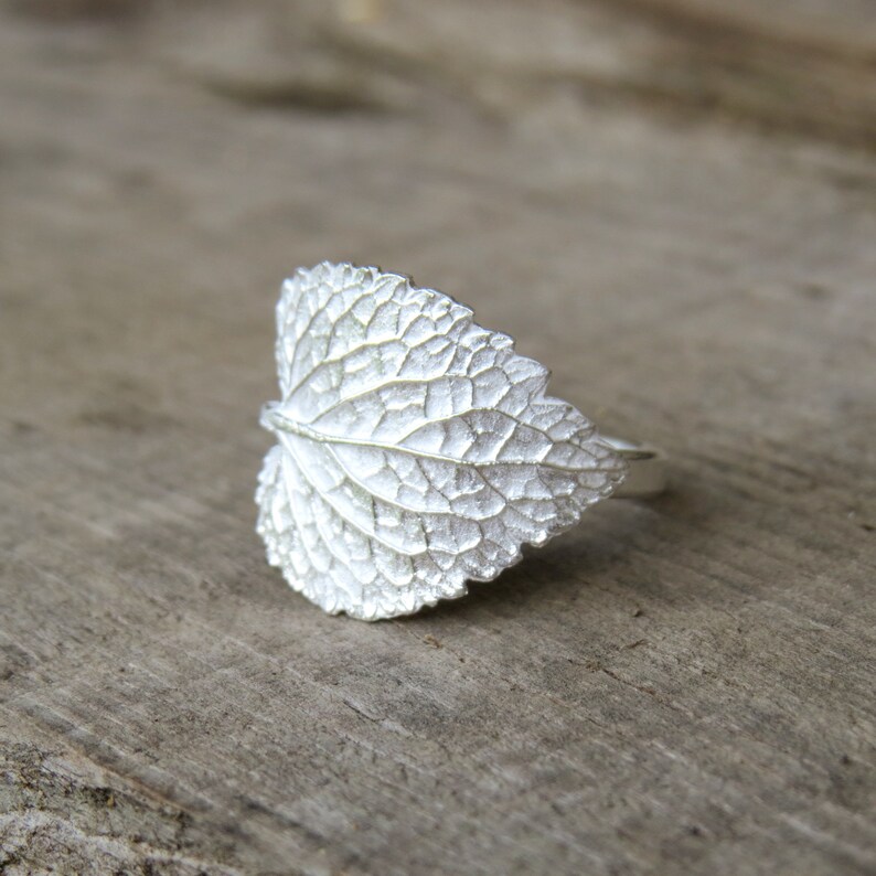May include: A silver ring shaped like a leaf with detailed veins. The ring is on a wooden surface.