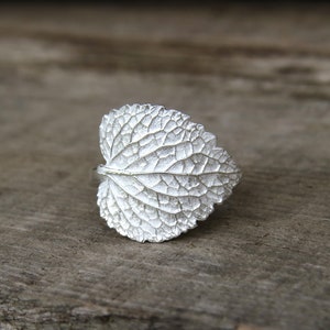 May include: A silver ring shaped like a leaf with detailed veins.
