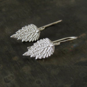 May include: A pair of silver earrings with a leaf design. The leaves are textured and have a delicate, organic look.