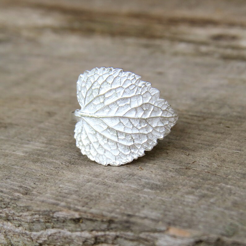May include: A silver ring shaped like a leaf with a detailed textured surface.
