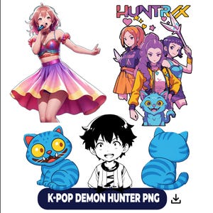 Pode incluir: Ilustração digital com personagens em estilo anime. Uma cantora com top e saia brilhantes, e um grupo de três meninas com um gato azul. Um menino de anime em preto e branco e dois gatos de desenho animado azuis também são mostrados. O texto diz "K-POP DEMON HUNTER PNG".
