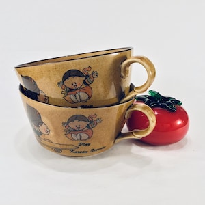 Korean Ceramic Soup Cups Bowls – Folk Music & Seesaw Play – Set of 2 Vintage