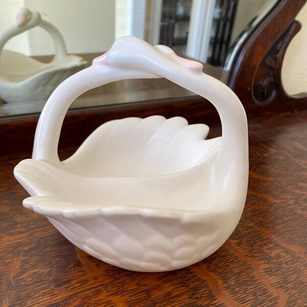 Vintage Fitz & Floyd Swans Double Planter – White Ceramic Pink Beak Cottagecore Dish
