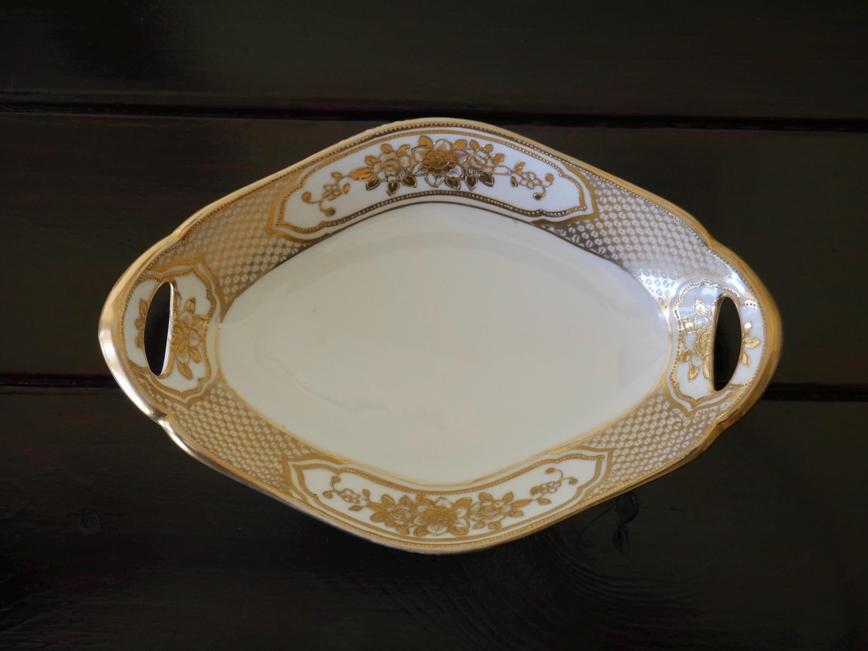 Noritake Morimura Hand Painted Oval Bowl Dish Japan Gold Raised