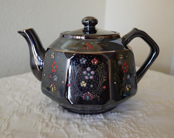 Redware Teapot Gold Trim Hand Painted Enamel Flowers Vintage Japan