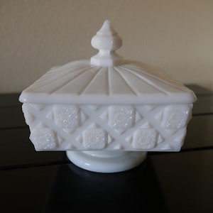 Westmoreland Footed Candy Dish With Lid White Milk Glass Old Quilt Vintage