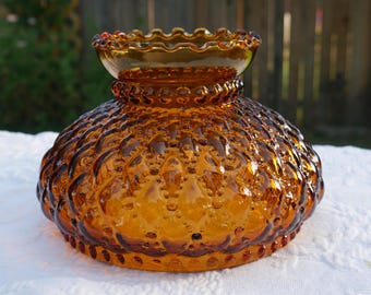 Quilted and Beaded Amber Glass Hurricane Lamp Light Fixture Vintage