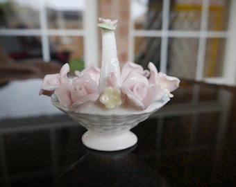 Ardalt Japan Lenwile China Porcelain Floral Basket Trinket Dish Bowl Vintage
