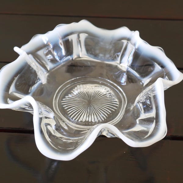 Clear Pressed Glass White Opalescent Ruffled Dish Bowl Trinket Ashtray Vintage
