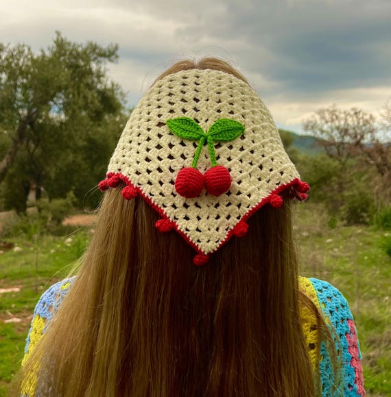Cherry Crochet Bandana, Boho Cotton Hair Scarf - Etsy Ireland display picture 1