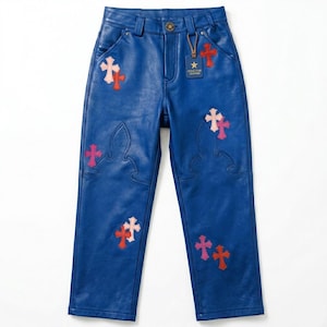 Handgemaakte elektrischblauwe leren bikerbroek met patches – Y2K Festival Wear paascadeau