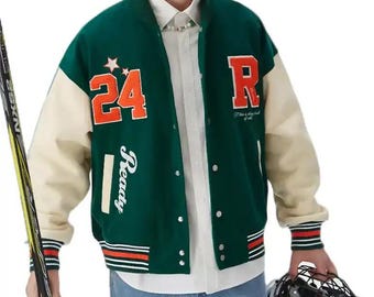 Giubbotto bomber retrò da college: giacca in misto lana stile Letterman, verde e crema