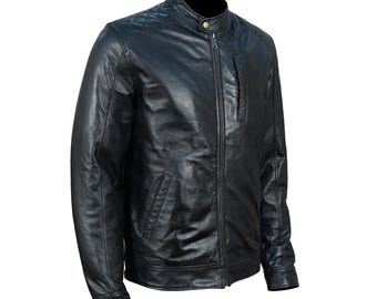 Echt zwart leren motorjas heren - slim fit café racer bikerjack - premium handgemaakte bovenkleding