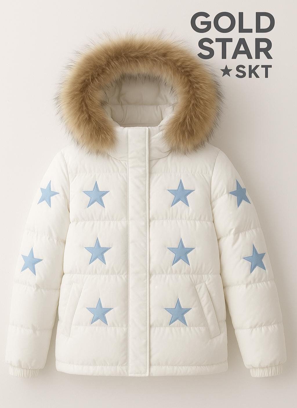 White Puffer Jacket: Blue Stars & Faux Fur Hood - Winter Coat - Etsy
