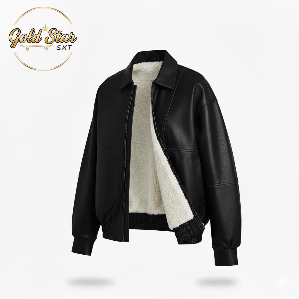 Custom 90s Oversized Faux Leather Bomber Jacket: Unisex Sherpa