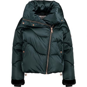 May include: A dark green puffer jacket with a high collar and a diagonal zipper. The jacket has a quilted design, gold-colored hardware, and black fur trim on the cuffs. The jacket is a winter outerwear item.