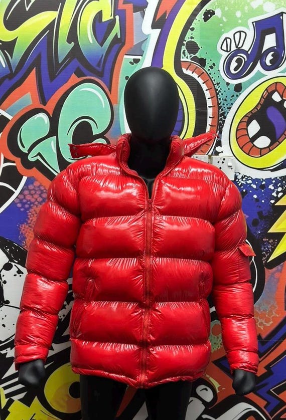 Bold Red Glossy Puffer Jacket: Unisex Winter Streetwear Coat Gift him