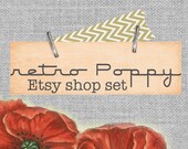 Custom Premade Etsy Shop Banner Set. Retro Poppy Grey Linen. Paper Staples. Neutral colors Vintage Shabby Chic