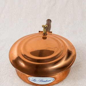Vintage Copper Lidded Candy Dish Pan “Les Bonbons” | French Style Kitchen Decor | Brass & Wood Handle | Rustic Cottage Kitchen