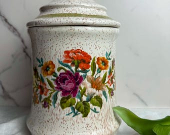 Vintage Floral Ceramic Canister with Lid, Speckled Farmhouse Jar, Cottagecore Kitchen Storage, Rustic Pantry