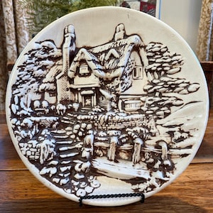 Vintage Cottage Relief Pottery Plate, English Countryside Wall Decor, Storybook Cottagecore Display, 11.25"