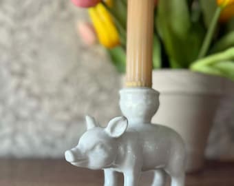 Vintage White Ceramic Pig Candle Holder | Farmhouse Decor | Cottagecore Kitchen | Minimalist Animal Decor | Taper Candle Holder