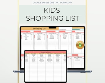 Plantilla de lista de compras para niños, hoja de cálculo para organizar a los niños, registro de compras familiares, lista de planificación para la vuelta al cole