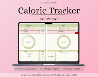 Hoja de cálculo para el seguimiento de calorías / Planificador de comidas semanal / Anillo de conteo automático y progreso / Hojas de cálculo de Google