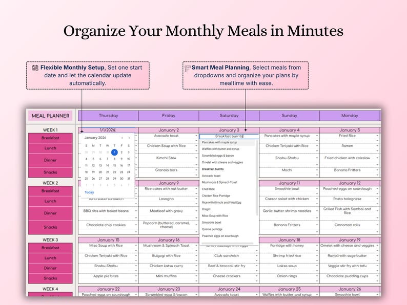 2026 Meal Planner Spreadsheet | Digital Download | Google Sheets