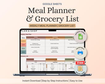 Weekly Menu Organizer Spreadsheet | Boho Grocery List & Meal Planner | Google Sheets