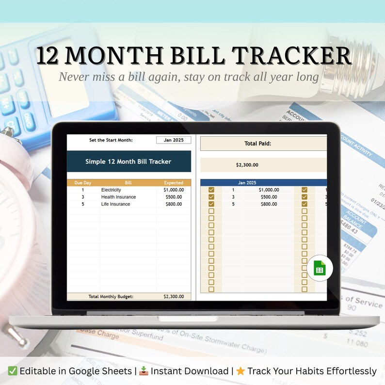 2025 Bill Tracker Spreadsheet: Monthly Budget Planner (google Sheets ...