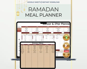 Planificador semanal de comidas para Ramadán / Menú de Suhoor e Iftar + Organizador de la lista de la compra (Hojas de cálculo de Google)