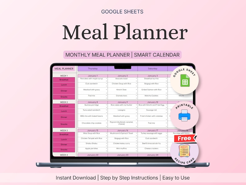 2026 Meal Planner Spreadsheet | Digital Download | Google Sheets