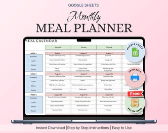 Minimalist Monthly Meal Calendar Spreadsheet | Clean Meal Planning Template | Google Sheets