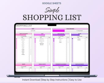 May include: A digital Google Sheets simple shopping list template displayed on a laptop screen. The interface features categorized sections for fruits, vegetables, dairy, meat, seafood, and frozen items with checkboxes, quantity columns, and progress bars.