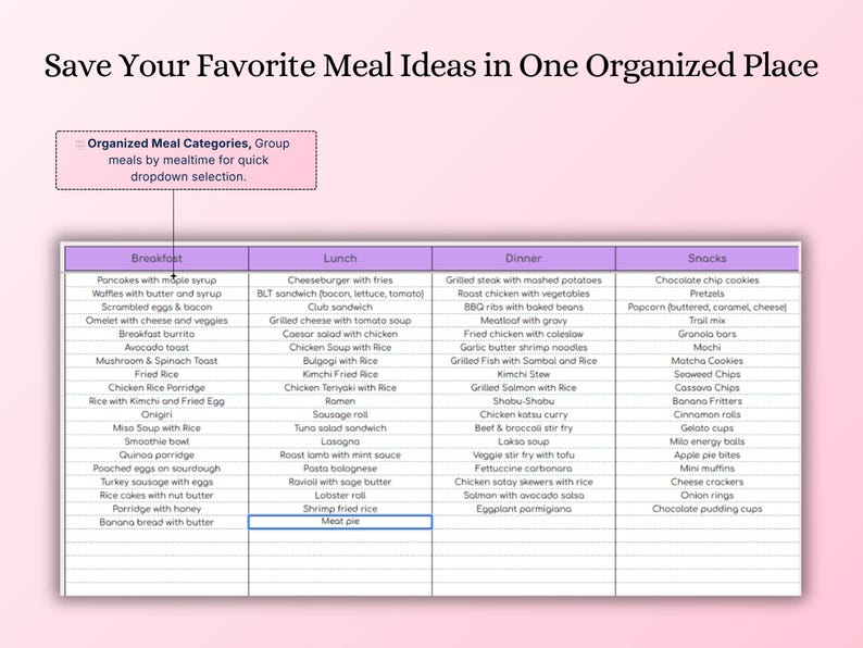 2026 Meal Planner Spreadsheet | Digital Download | Google Sheets