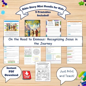 May include: A bundle of nine printable Bible story pages for kids, titled "On the Road to Emmaus: Recognizing Jesus in the Journey." The pages include coloring sheets, writing prompts, and mazes. The bundle is available as an instant PDF download.