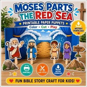 May include: A printable paper puppet craft set titled Moses Parts The Red Sea, featuring a blue stage backdrop with parted waves, four character figures on sticks, a rock formation, and a sign labeled Promised Land with instant download icons.