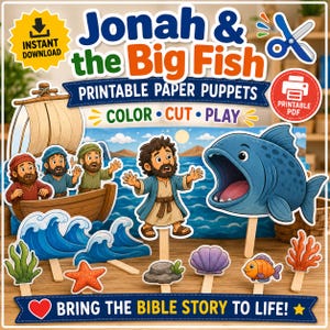 Pu&ograve; includere: Un colorato set di marionette di carta stampabili con la storia di Giona e il Grande Pesce. Il set include personaggi, una barca, onde e creature marine. Il testo dice "Colora, Taglia, Gioca" e "Dai vita alla storia biblica!"
