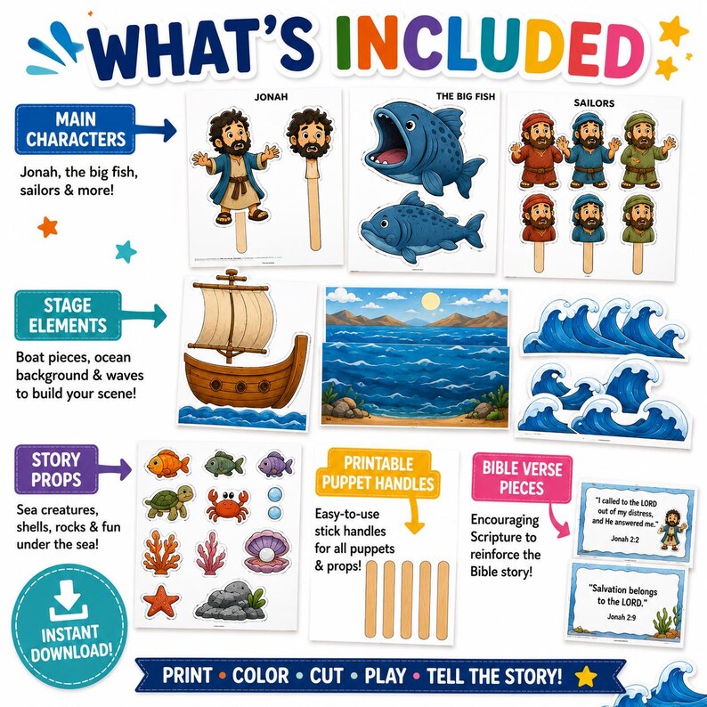 Pu&ograve; includere: Un colorato set stampabile con personaggi, elementi di scena e oggetti di scena della storia biblica di Giona. Include Giona, il pesce grande, marinai, una barca, uno sfondo oceanico, onde, creature marine e versetti biblici. Il testo dice "What's Included".