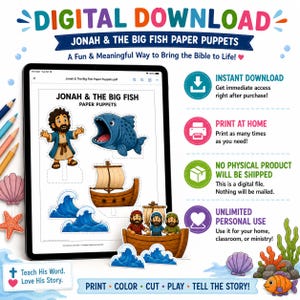 Pu&ograve; includere: Download digitale di marionette di carta di Giona e del grande pesce. L'immagine mostra un tablet che mostra le marionette di carta, tra cui Giona, un grande pesce blu, una barca e le onde. Il testo dice "Stampa, Colora, Taglia, Gioca, Racconta la storia!"