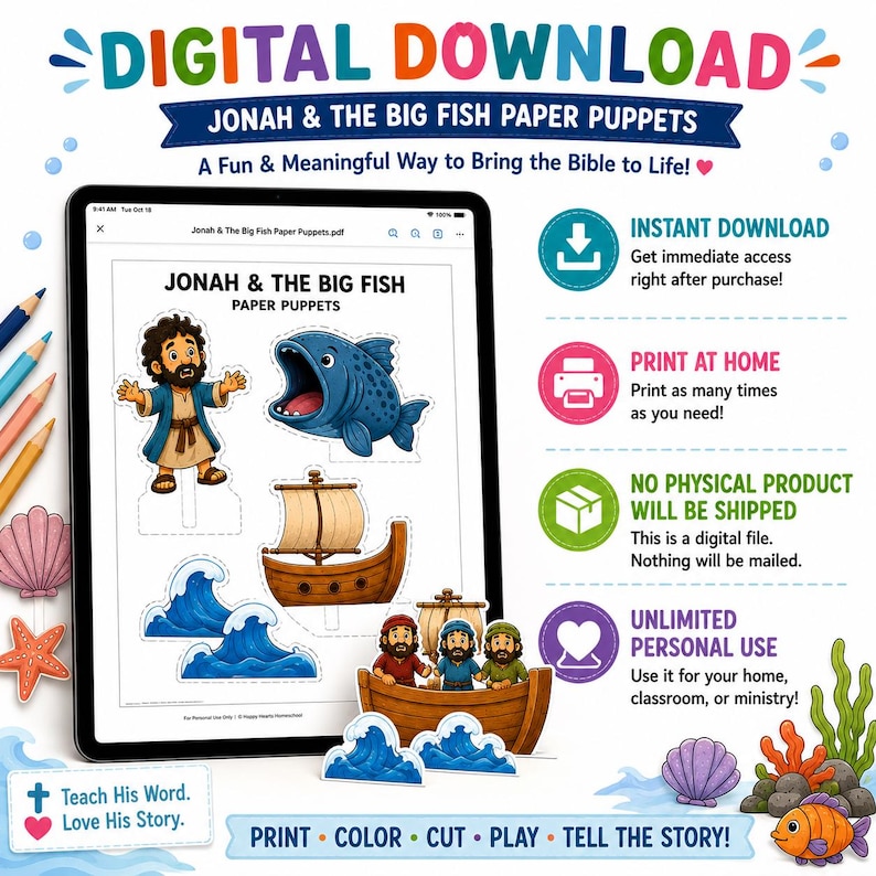 Pu&ograve; includere: Download digitale di marionette di carta di Giona e del grande pesce. L'immagine mostra un tablet che mostra le marionette di carta, tra cui Giona, un grande pesce blu, una barca e le onde. Il testo dice "Stampa, Colora, Taglia, Gioca, Racconta la storia!"
