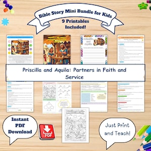 Pode incluir: Um conjunto de nove páginas imprimíveis de histórias bíblicas para crianças, com ilustrações e atividades. O título "Priscilla and Aquila: Partners in Faith and Service" é exibido. Inclui um botão "PDF Download" e a frase "Just Print and Teach!"