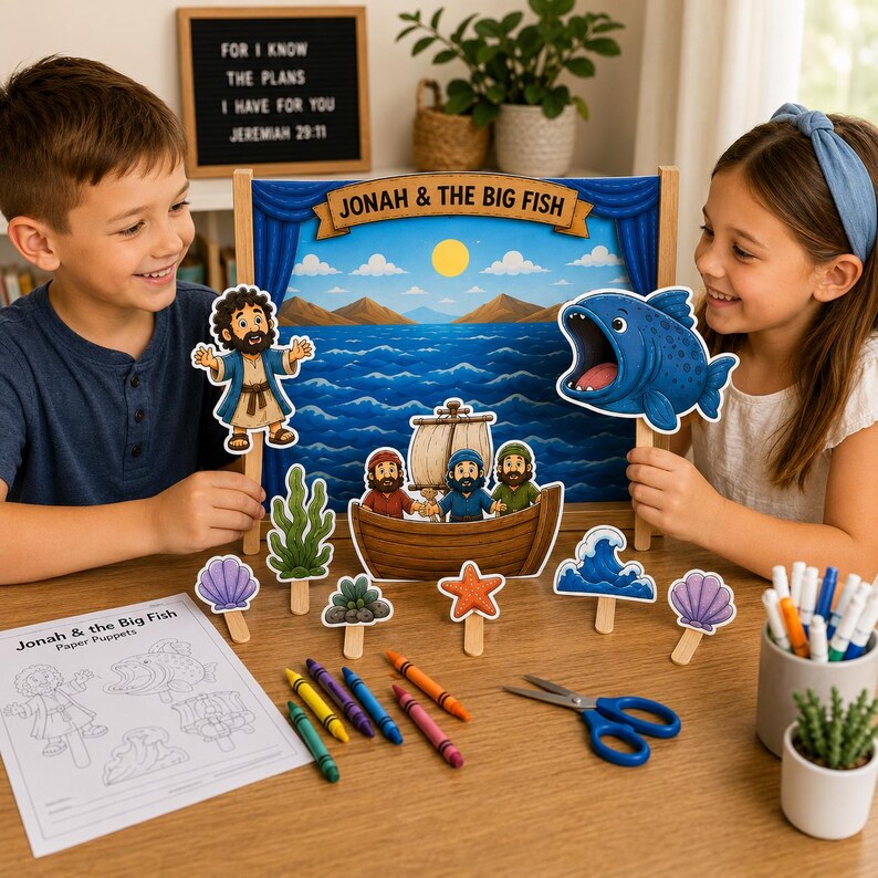 Pu&ograve; includere: Un set di artigianato per bambini con un palco di legno con la scritta "Jonah & the Big Fish", marionette di carta, pastelli e forbici. Le marionette includono Giona, una barca con marinai e un grande pesce blu. Un cartello recita "FOR I KNOW THE PLANS I HAVE FOR YOU JEREMIAH 29:11".